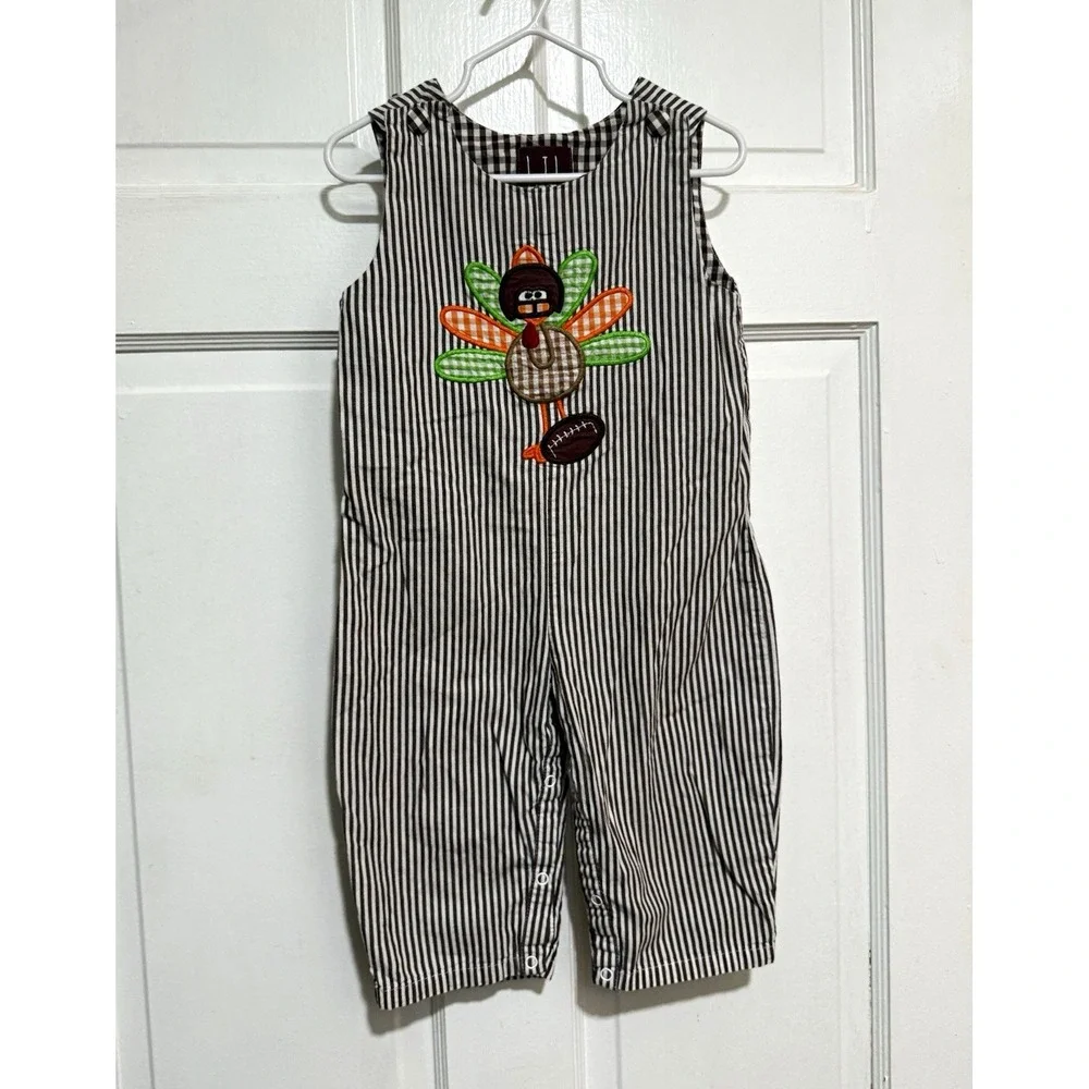 Thanksgiving 18-24M Football Fall Turkey Embroidered Jon Jons One Piece